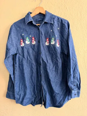 KAREN Scott small Denim Christmas embroidered button up thumbnail 1