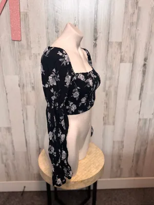 Motel Rocks Black Floral Long Sleeve Smocked Crop Top Womens Medium Milkmaid Boh thumbnail 6