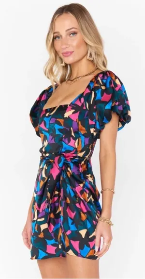 Show Me Your Mumu Danielle Mini Dress Geometric Multicolored Puff Sleeve Size M thumbnail 1