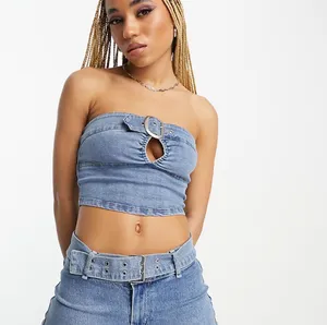 Signature 8 Buckle Denim Corset Top Mid Wash thumbnail 4