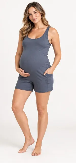 LEGOE Heritage Maternity Ribbed Scoop Neck Short Romper Blue S thumbnail 1