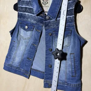 Wax Jean Womens M Denim Vest Embroidered Aztec Boho Button Front Blue thumbnail 5