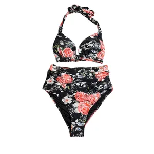 Cupshe Bikini Set Womens Medium Black Floral‎ High Waisted Halter Swimsuit NWT thumbnail 3