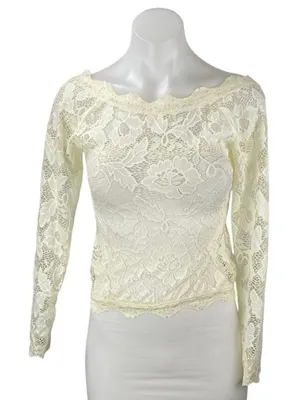 Free People Intimately Cream Long Sleeve Floral Lace Boat Neck Blouse Top Sz XS thumbnail 1