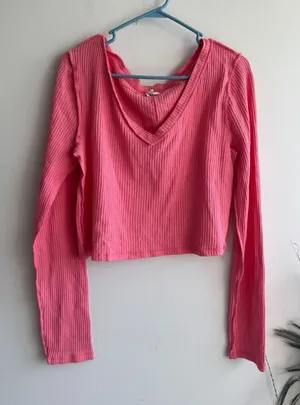 We The Free‎ Free People Pink Waffle Knit Thermal V-Neck Cropped Top XL thumbnail 1