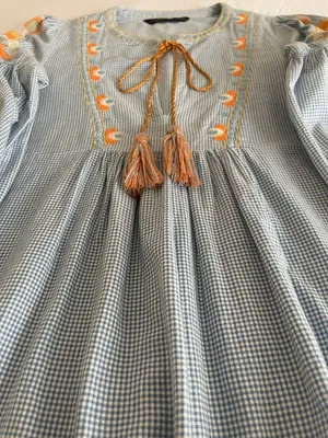 ZARA Woman Boho Embroidered Gingham Blouse - light Blue & White thumbnail 6