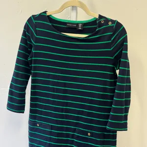 Adrienne Vittadini Navy Green Striped Shift Dress 3/4 Sleeve Pockets XS Casual thumbnail 3