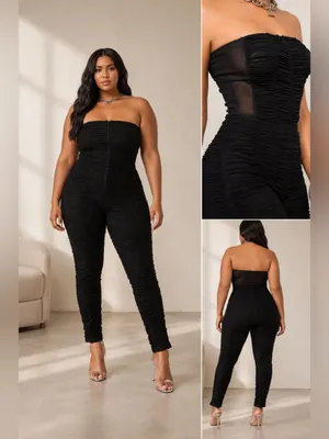 I.AM.GIA Ophelia Black Ruched Mesh Stretch Slim Glam Clubwear Strapless Jumpsuit thumbnail 2