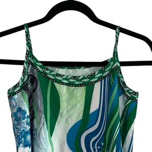 Layered‎ Abstract Tank Top Small Green Blue Flowy Strappy Boho Asymmetrical Top thumbnail 2