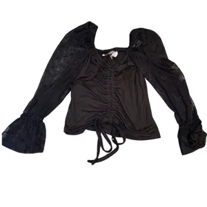 Marsha Black Black Lace Crop Top Women's Gothic Y2K Ruched Tie Front Long Sleeve thumbnail 2
