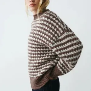 ZARA Wool Chunky Knit Oversized Sweater Brown Grey Stripes‎ Pullover Knit Small thumbnail 5