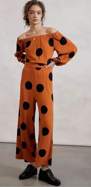 Farm Rio Anthropologie Mirana Off Shoulder Polka Dot Jumpsuit in Size Large thumbnail 1