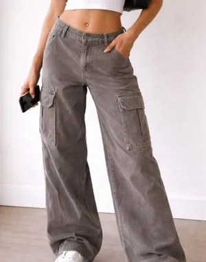 Brandy Melville Corduroy Gray Green Low Rise Wide Leg Pants thumbnail 1