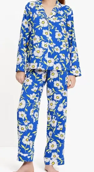 Kate Spade Sunshine Floral Pajama Set XS Blue White Button Up Long Sleeve PJ Set thumbnail 1