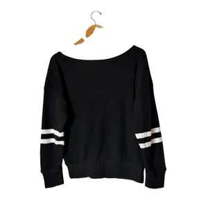 Nasty Gal Sweater Women Large Black Boat‎ Neck White Varsity Stripe Sleeve Knit thumbnail 3