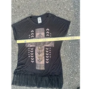 Y2K Vocal Womens XL Black Rhinestone Cross Eagle Fringe Hem T-Shirt Western Boho thumbnail 5