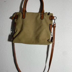 Paris Stamp Canvas Satchel Handbag - Khaki and Brown thumbnail 2