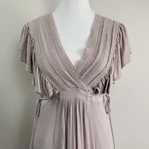 Baltic Born Jennifer Deep V Maxi Dress Small Taupe Crochet Flutter Sleeve Boho L thumbnail 10