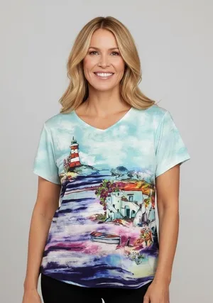Chico’s Weekends Scenic Lighthouse Art T-Shirt Top Multicolor Tee Size 2/Large thumbnail 1