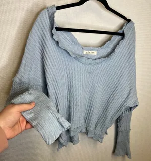 We The Free Free People Light Blue Waffle Knit‎ Slouchy Thermal Top Medium thumbnail 1