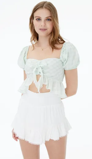 Aéropostale Gingham Puff Sleeve Tie Front Peplum Crop Top Green Size Small NWT thumbnail 1