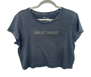 Aerie Feelin‎ Beachy Graphic Crop Top Grey Mineral Wash Cotton Tee Large Casual thumbnail 1