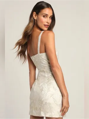 Lulus Shine for Us Cream Metallic Tropical Jacquard Mini Dress thumbnail 2