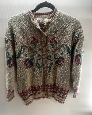 vintage Isle Of Cotton cardigan‎ W/embroidered Flowers Medium Tan thumbnail 1