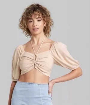 wild fable Beige Ruched Halter Puff Sleeve Crop Top thumbnail 1