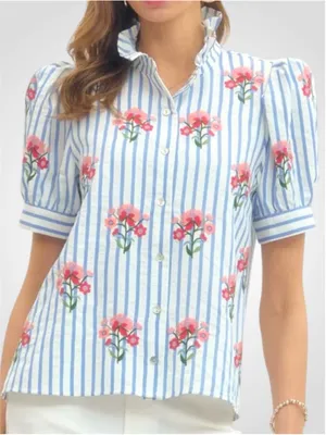 Entro Embroidered Stripe Puff Sleeve Blouse in Blue Size XL thumbnail 1
