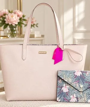 Betsey Johnson Very Light Pink Tote Bag Gray Floral Pouch NWT thumbnail 1