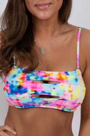 The Blushing Brunette Walking At Sunset Colorful Tie-Dye Cut Out Tie Back Bikini Top thumbnail 5