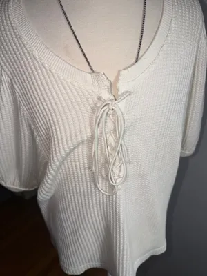 Free People Ivory Lace-Up Ribbed Short Sleeve Top thumbnail 6