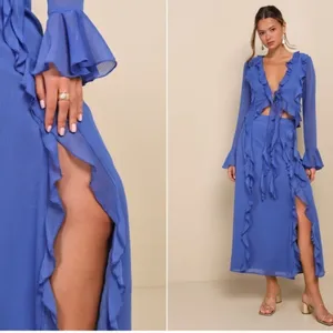 LULU's Boho Bohemian Flowy Romantic Ruffle Chiffon Blue Maxi Skirt NWT thumbnail 3