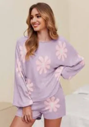 Ekouaer Purple Floral Knit Lounge Set Long Sleeve Top Shorts 2-Piece Medium thumbnail 1