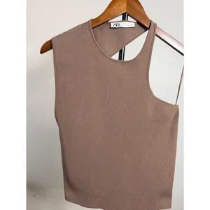 Zara Womens Asymmetric Cutout Ribbed Knit Top Taupe Brown Large thumbnail 4