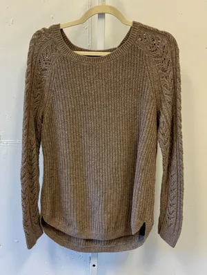 LOFT Ann Taylor Brown Cotton Camel Hair Blend Pointelle Raglan Sweater Women's M thumbnail 1