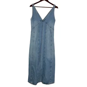 Zara Oversized Denim Seamed V Neck Sleeveless Midi Dress Side Zip Up S Blue Wash thumbnail 13