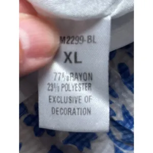 THML Anthropologie XL Blue White Floral Tiered Babydoll Dress Pink Pom Pom Trim thumbnail 14