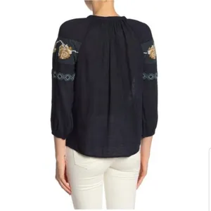 Lucky Brand Embroidered Boho Peasant Blouse Tie Neck M thumbnail 3