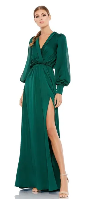 Mac Duggal Deep‎ Emerald Green Split Bishop Sleeve Slit V-Neck Maxi Dress NWT 2 thumbnail 1