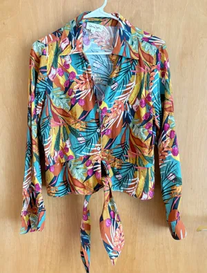 Panama Jack Tropical Floral Linen Blend Tie Front Button Down Shirt Women Medium thumbnail 1