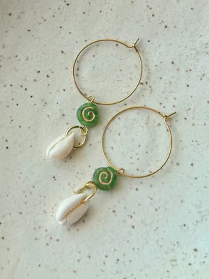 Handmade quality Czech glass beads snail shell & natural cowrie seashell hoop dangle earrings 🌀💕 thumbnail 2