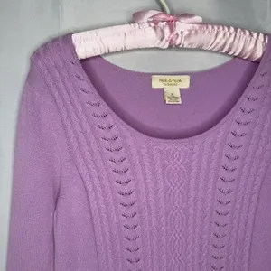 Peck & Peck 2 Ply 100%‎ Cashmere M Sweater Lilac Cable Knit Lightweight Pullover thumbnail 3