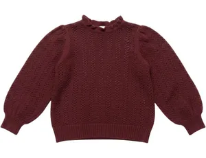 ANA A New Approach Burgundy Pointelle‎ Knit Ruffle Neck Puff Sleeve Sweater M thumbnail 1