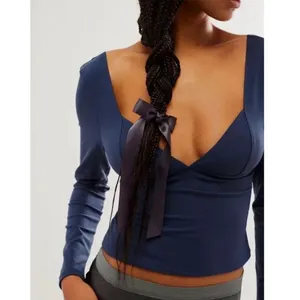 Free People Duo Corset Long Sleeve Cami V Neck Top Ancient Sea Navy Size XL New thumbnail 4