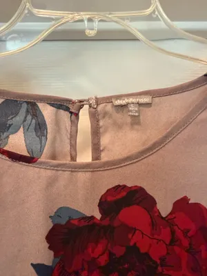 Floral Bell-Sleeve Blouse in Taupe with Red Roses thumbnail 3