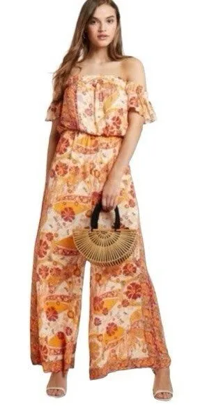 Free People Carmen Boho Floral Orange Jumpsuit Flowy size small thumbnail 1