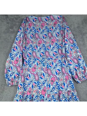 V-Neck Paisley Print Maxi Dress With Long Sleeves Pink & Blue Lightweight Fabric thumbnail 10