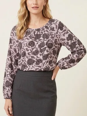 NEW LOFT Women Floral Blouse Top Long Sleeve Pink Brown Size MEDIUM thumbnail 1